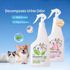 A white bottle of enzyme cleaner spray for pet odors is shown next to a plant extract dropper and various pets.