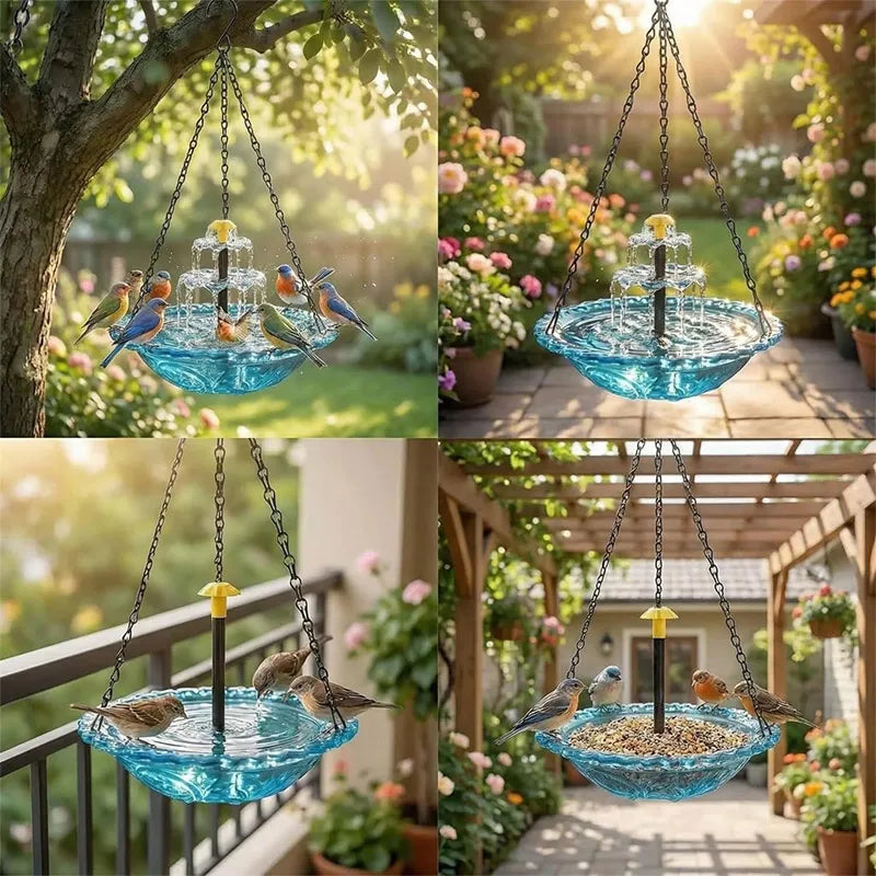 Außen-Solarvogelbadbrunnen mit mehrstufigem Wasserfeature, aufgehängt an einer Kette in einem Garten.