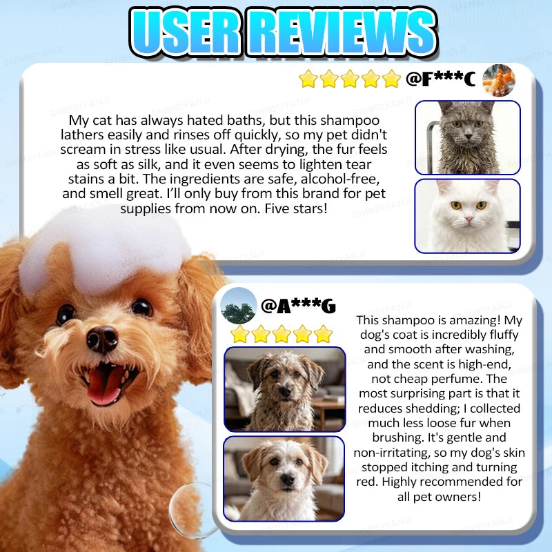User reviews showing happy cats and dogs using a shampoo product.