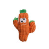 An orange felt cactus toy with green leaves and a smiling face.