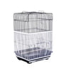 A clear wire mesh bird cage with a protective cover and a black base.