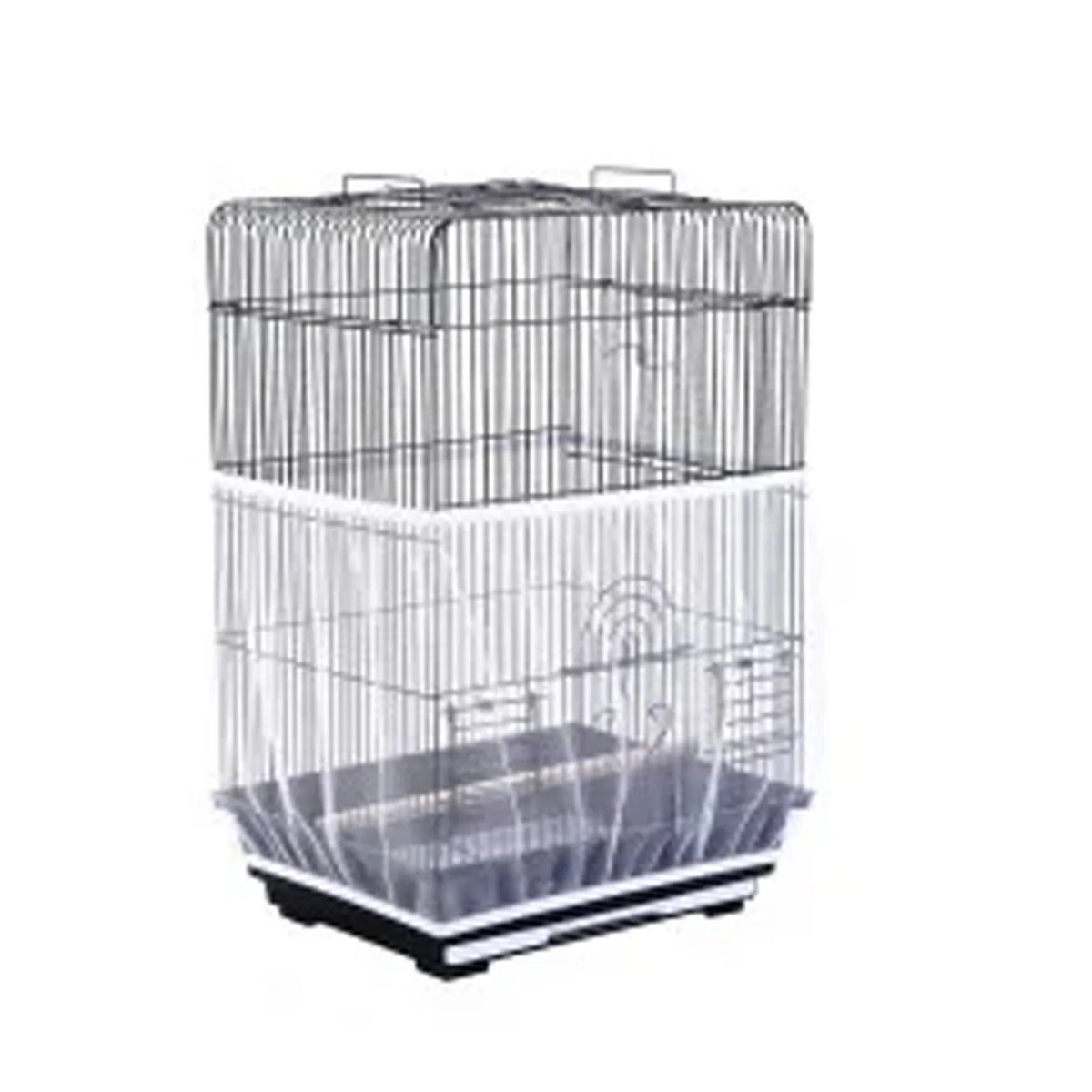 A clear wire mesh bird cage with a protective cover and a black base.