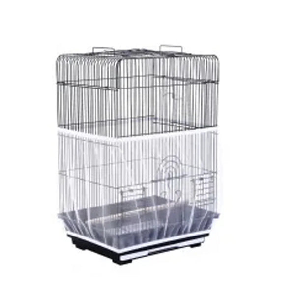 A clear wire mesh bird cage with a protective cover and a black base.