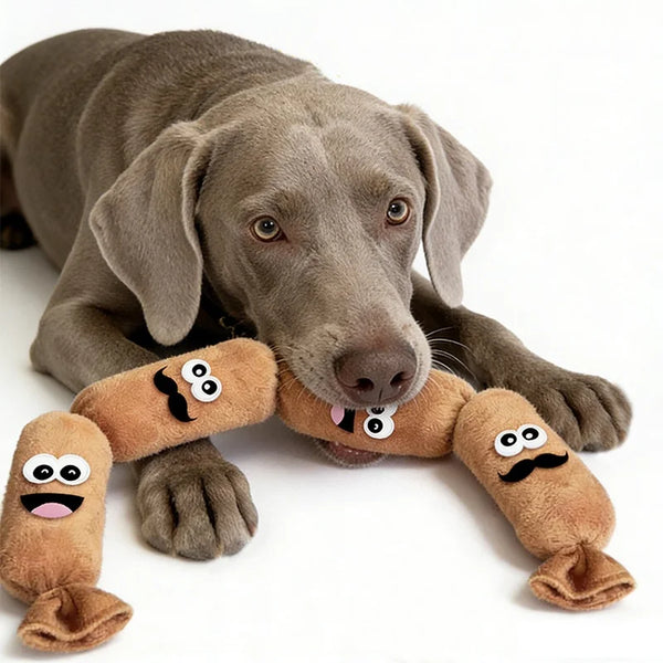 A gray dog plush toy shaped like a sausage chew toy with facial features.