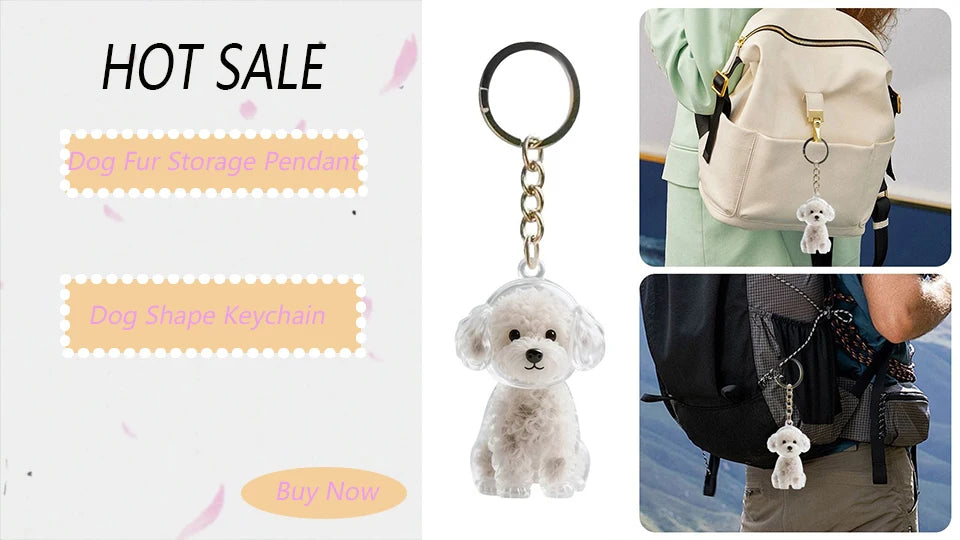 A small, fluffy white dog-shaped keychain pendant attached to a metal ring.