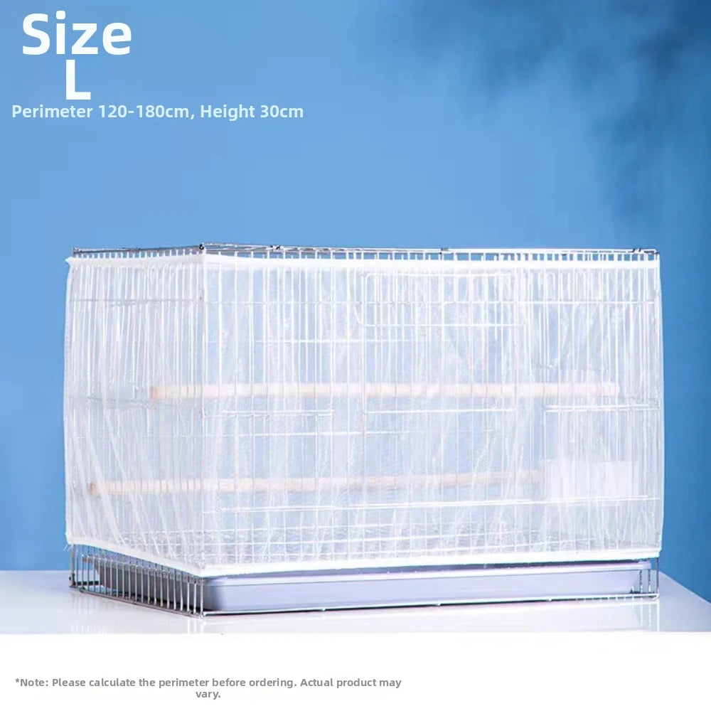 A clear plastic bird cage cover for a Size L cage, shown against a blue background.