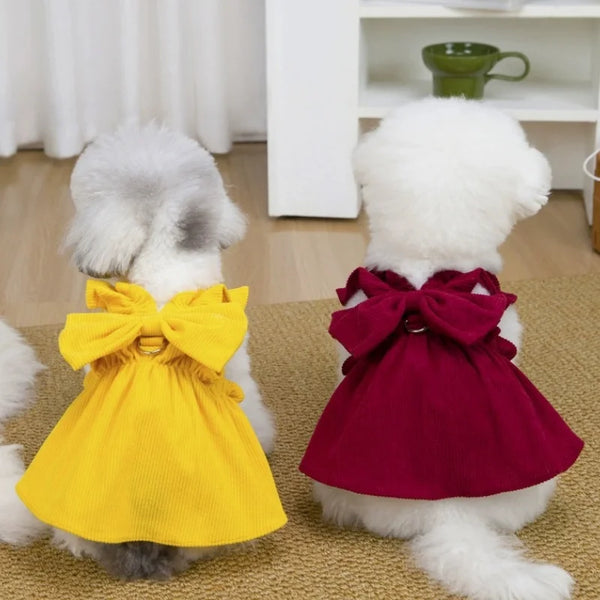 A white dog wearing a yellow vintage corduroy pet dress with a bow and ruffle skirt.
