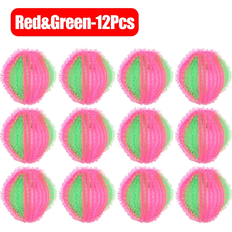 Twelve reusable red and green lint catchers for laundry