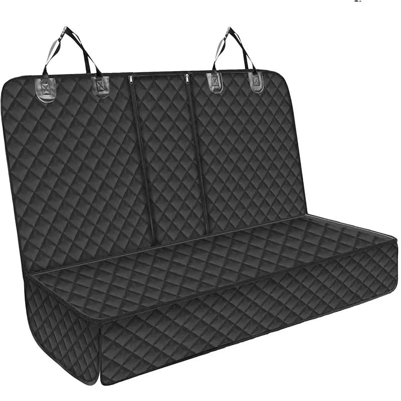 Black quilted waterproof car dog seat cover for the back seat with straps.