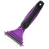 A purple pet detangler comb and grooming brush with black handle and metal teeth.