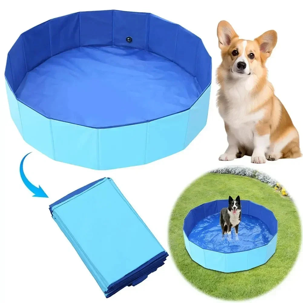 A blue foldable pet pool and bathing tub with a dog sitting in the water on green grass.