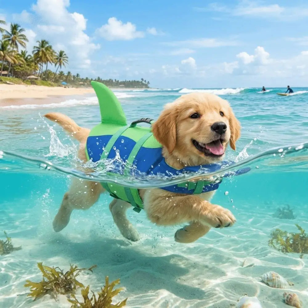 A golden retriever wearing a bright green and blue high visibility dog life vest swims in clear ocean water.