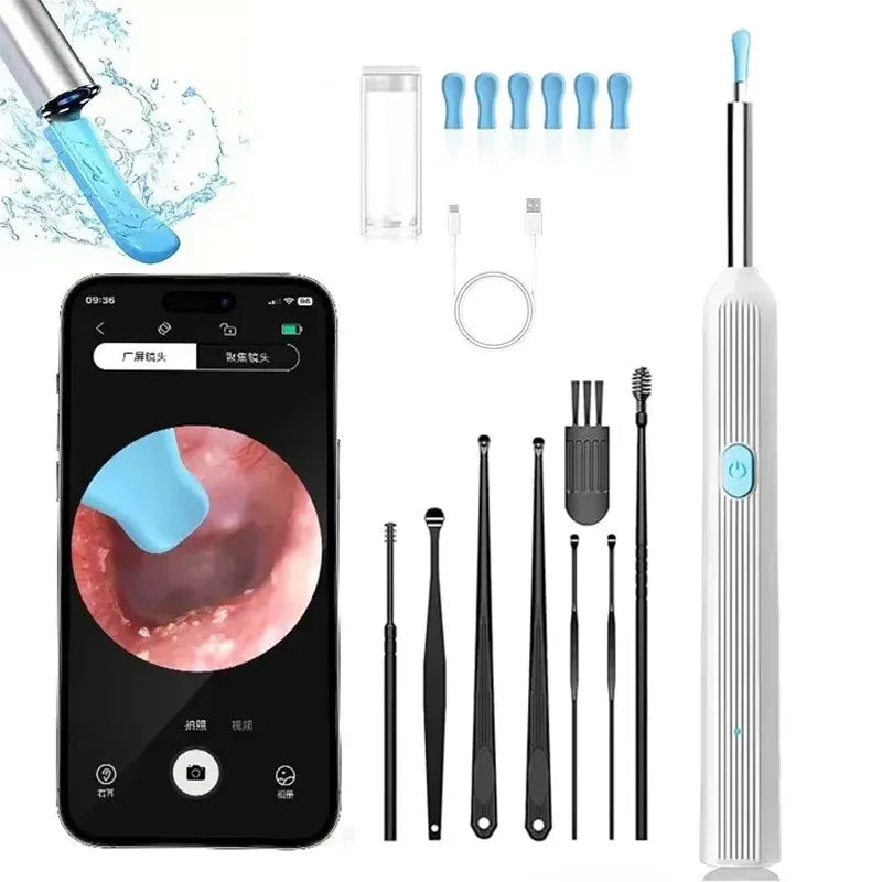 Ein intelligentes visuelles Ohrreinigungsgerät neben verschiedenen Reinigungswerkzeugen und einem Smartphone-Bildschirm.