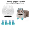 A set of cat muzzle and claw covers with silicone paw shoes for grooming and bathing.