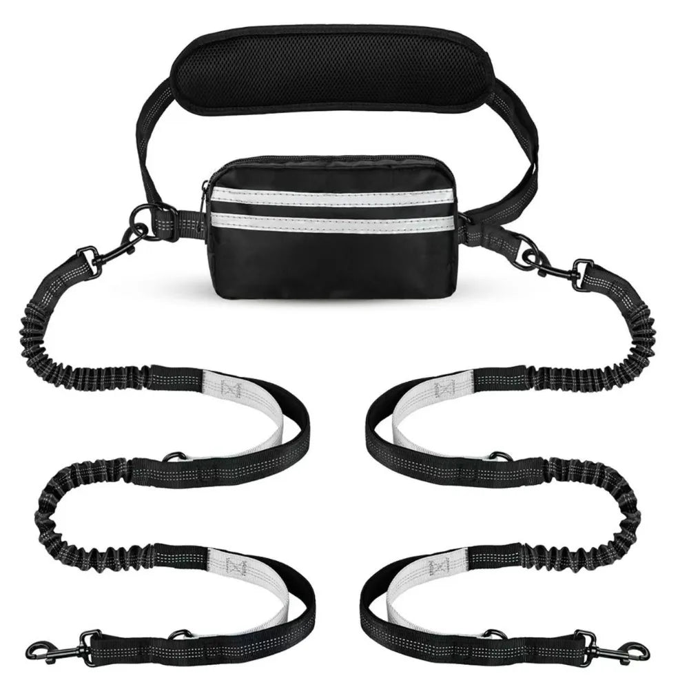 Schwarze, ausziehbare Hundeleine mit Reißverschluss-Tasche und schwarz-weiß gemustertem Griff.