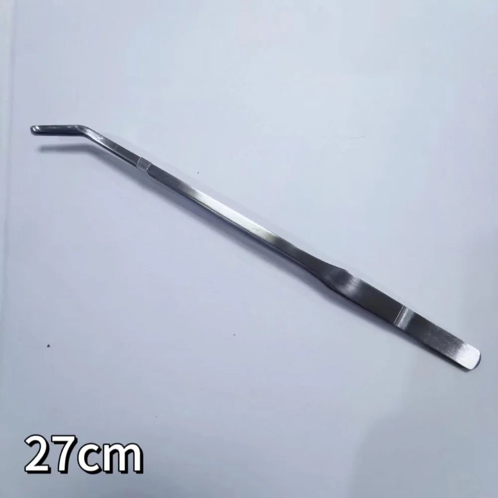 A long, slender stainless steel tool resembling tweezers or a plant grabbing tool is shown against a white background.