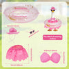 Set aus rosa Porzellan-Ganskostümen mit Teller, Hut und gerafftem Kleid für Gartendekoration.