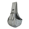 A light gray fabric crossbody pet carrier bag for dogs and cats with a striped pattern.
