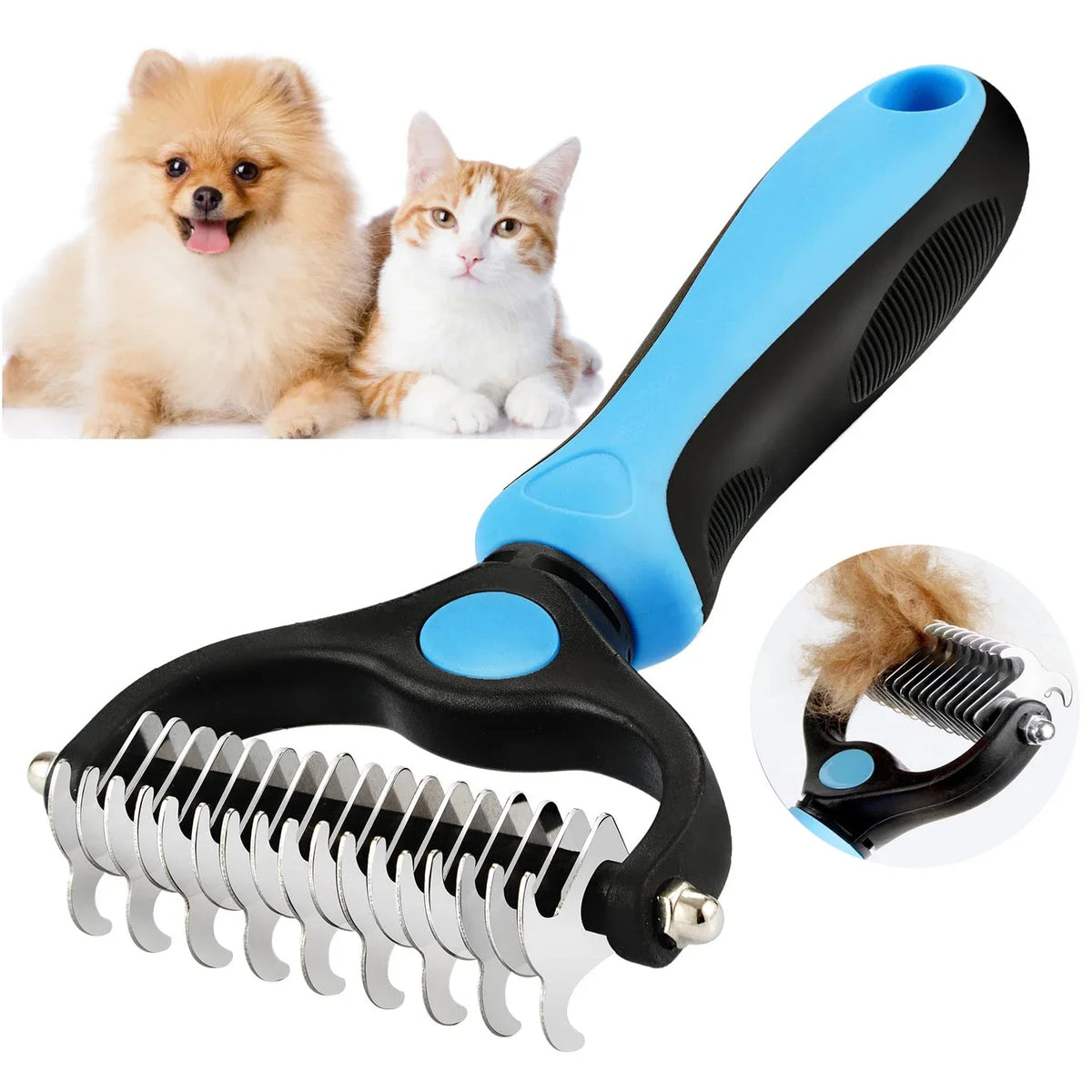 A black and blue pet deshedding comb with a stainless steel brush is shown next to two cats.