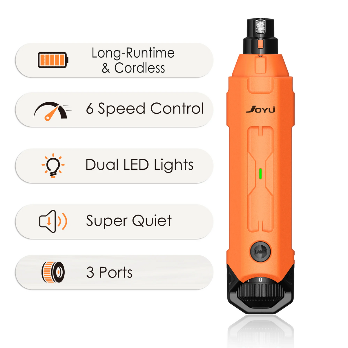 Orange dog nail grinder with features including long-runtime, 6 speed control, dual LED lights, super quiet operation, and th