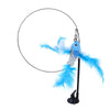 Interactive cat teaser wand featuring a blue feather bird and bell on a circular frame.