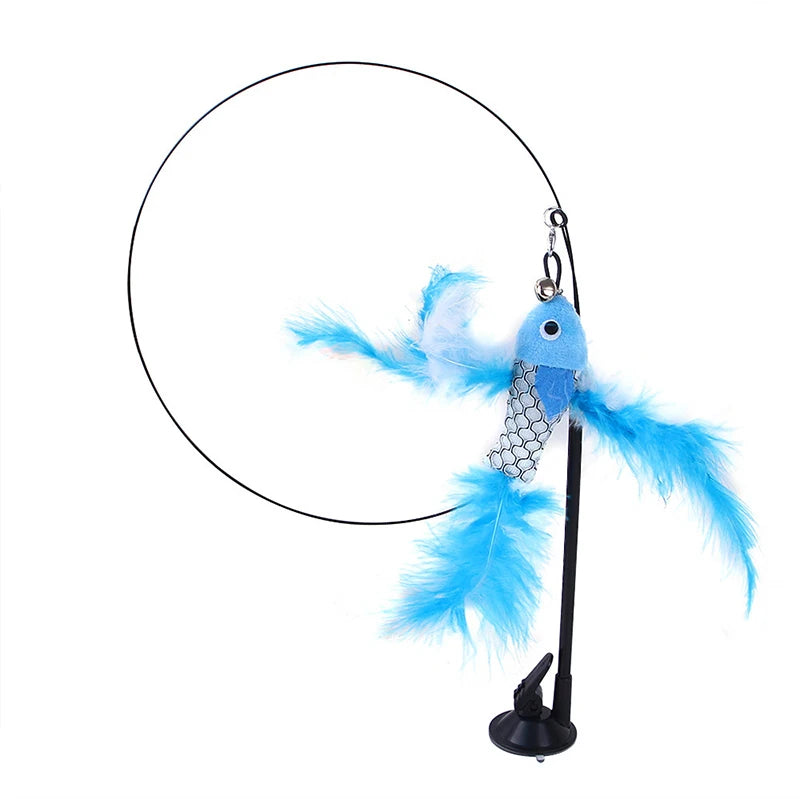Interactive cat teaser wand featuring a blue feather bird and bell on a circular frame.