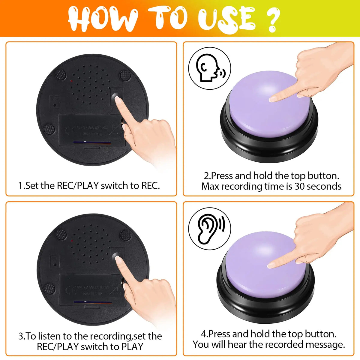 Instructions showing how to use a recordable talking button for dog training with a paw print design
