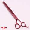 Ein Paar rote, professionelle Edelstahl-Groomer-Schere mit gezähztem Klingen und ovalen Griffen.