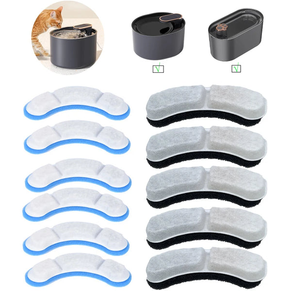 A collection of twelve replacement foam filters for pet water fountains shown in various shapes and colors.