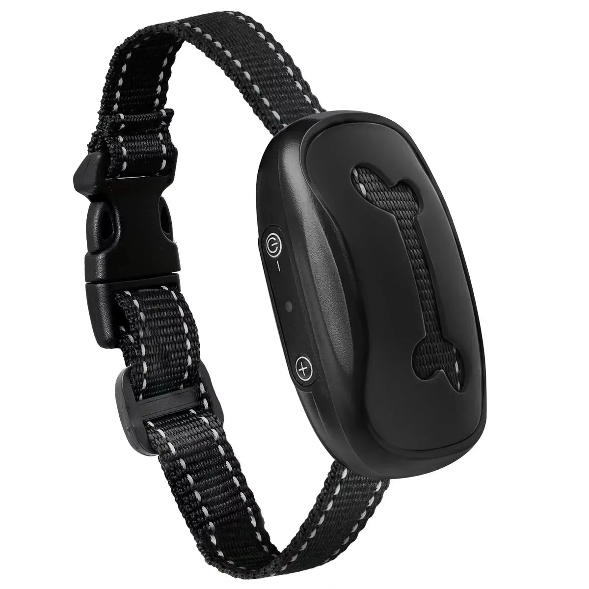 A black USB rechargeable dog bark collar with a padded strap and electronic component.