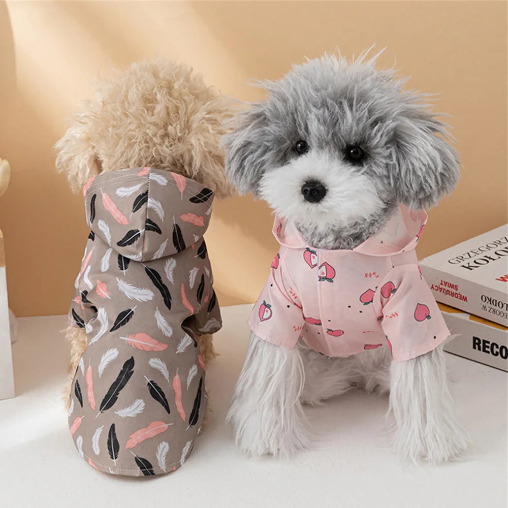 A fluffy grey dog wearing a pink cartoon printed raincoat with a hood, standing next to another light-colored dog.