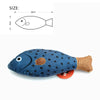A blue fish plush toy designed for cats, shown with a size diagram.