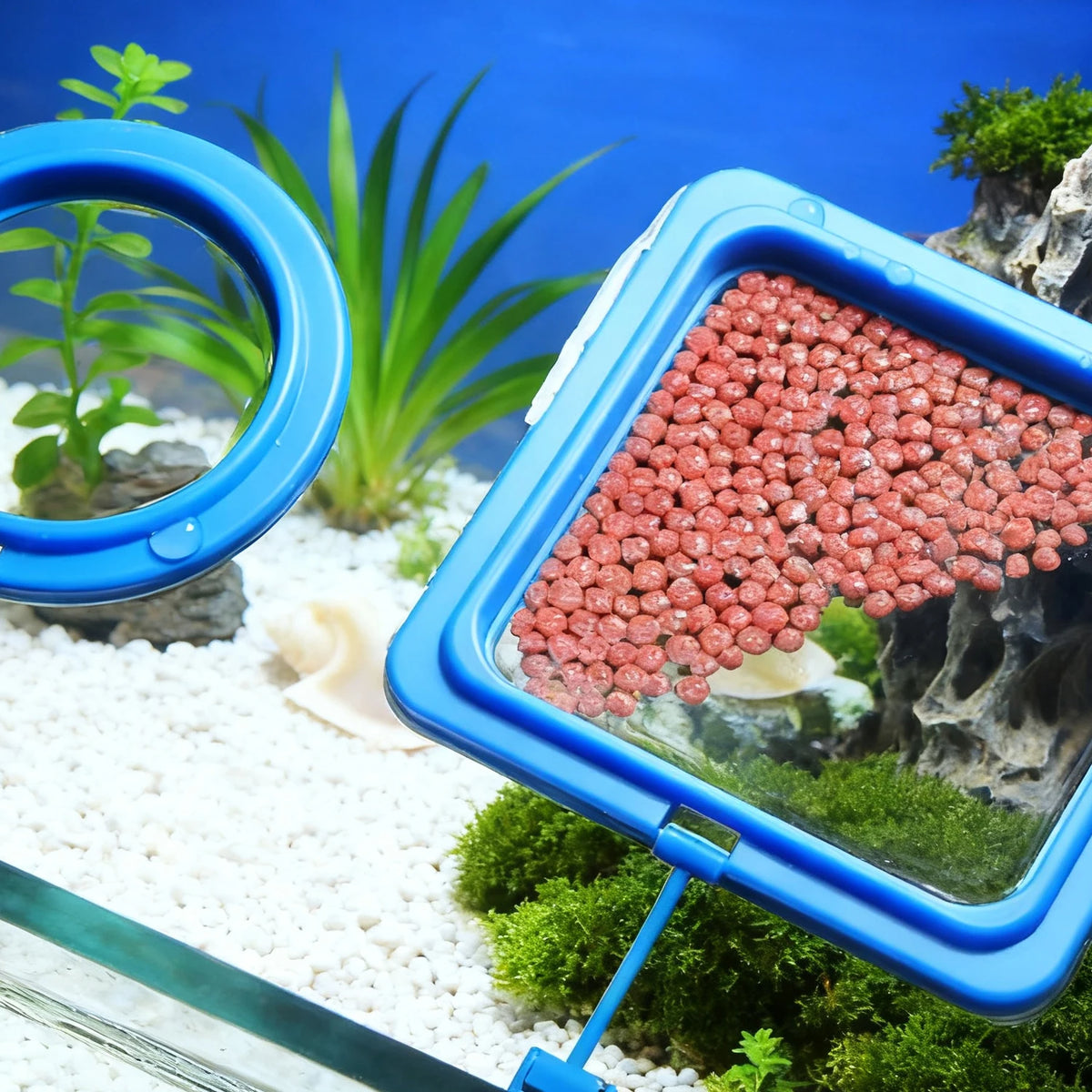 Anneau de nourriture en plastique bleu contenant de petites perles rouges pour poissons d'aquarium