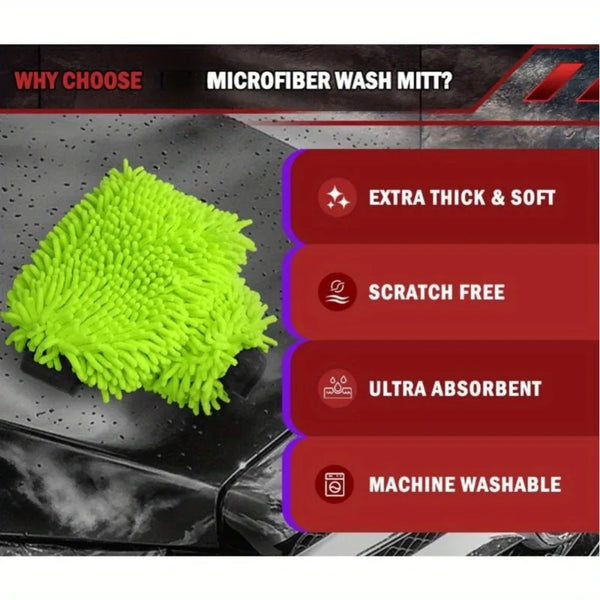 Bright green microfiber wash mitt with textured fibers shown next to a car surface.