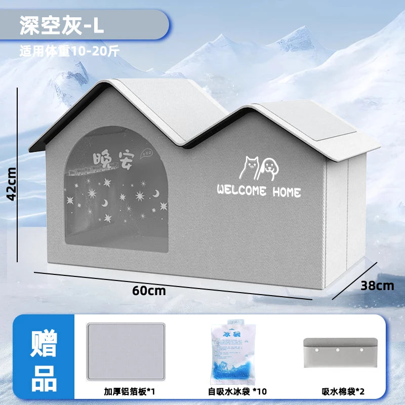 A gray portable cat cooling house with a transparent window, designed for cats, shown in a snowy outdoor context.