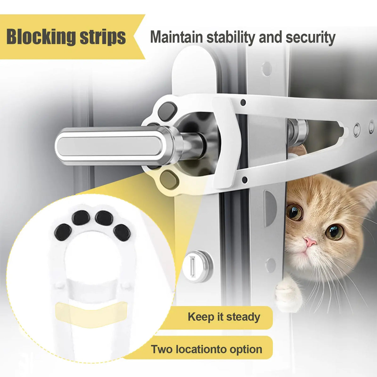 Blocking strips for an adjustable cat door latch used to maintain stability and security on a door frame.