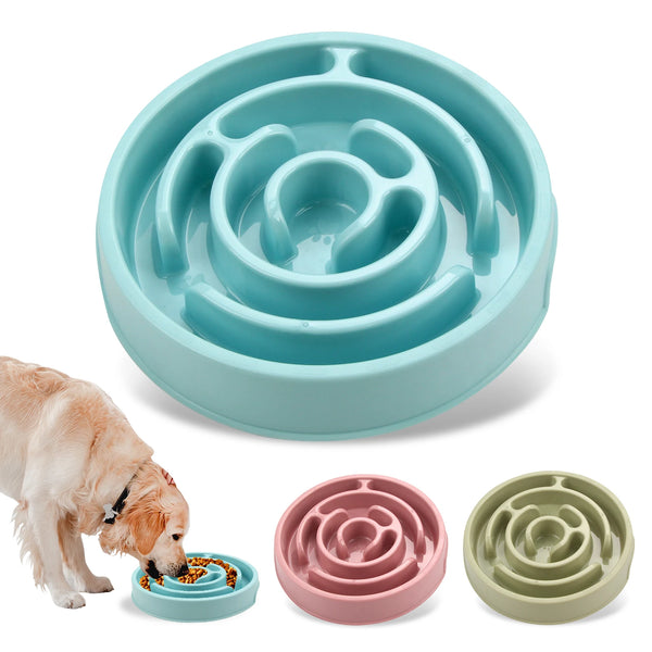 A light blue anti-gulping slow feeder bowl for dogs and cats shown next to a dog eating from it.