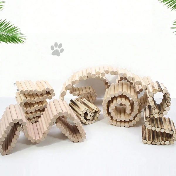 A multi-sized wooden bridge and climbing fence for pet habitats made of light wood pieces.