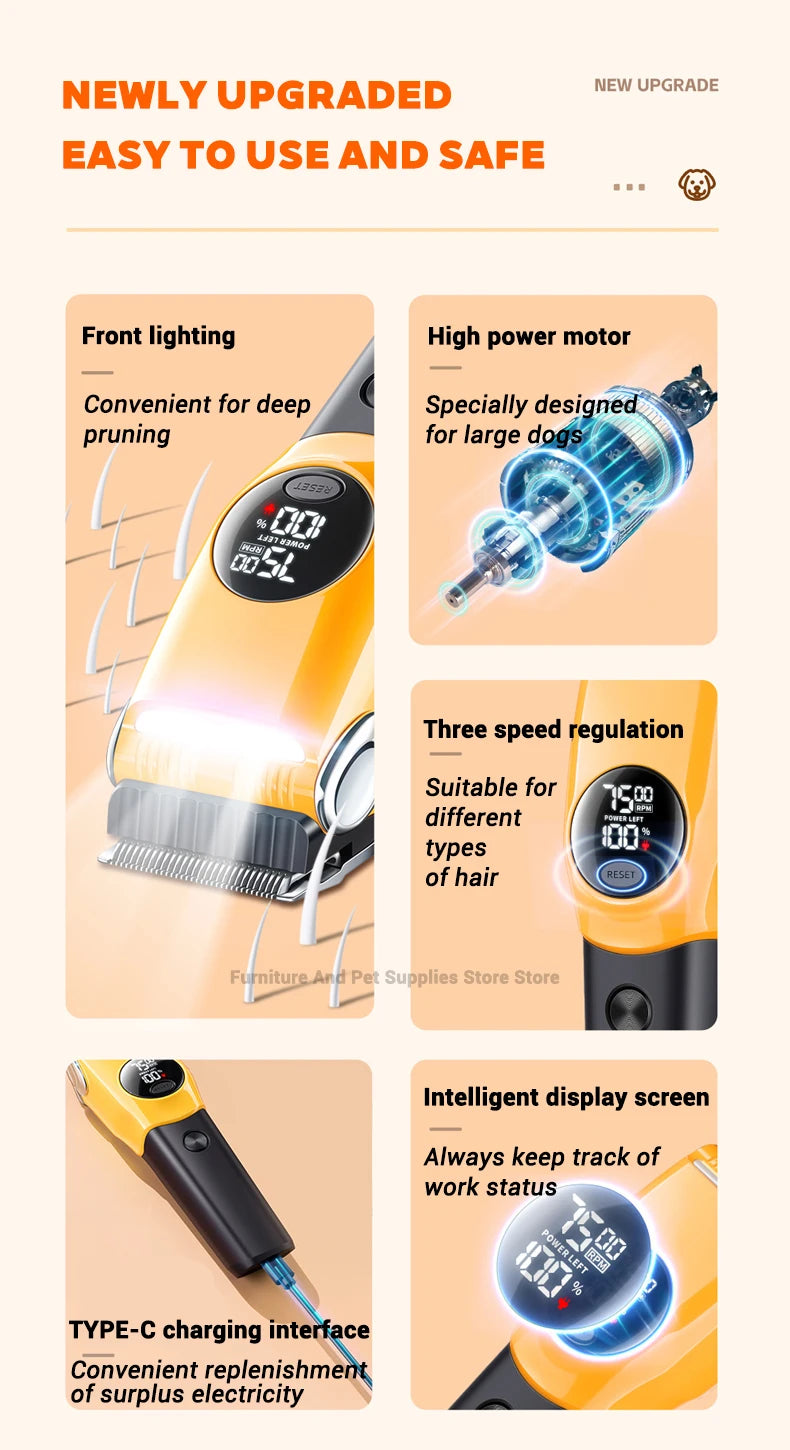 A yellow cordless pet grooming clipper with LED light, high-power motor, three-speed regulation, and intelligent display scre
