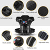 A black service dog harness showing various components including a front alloy D-ring, firm knitting craft, and adjustable st