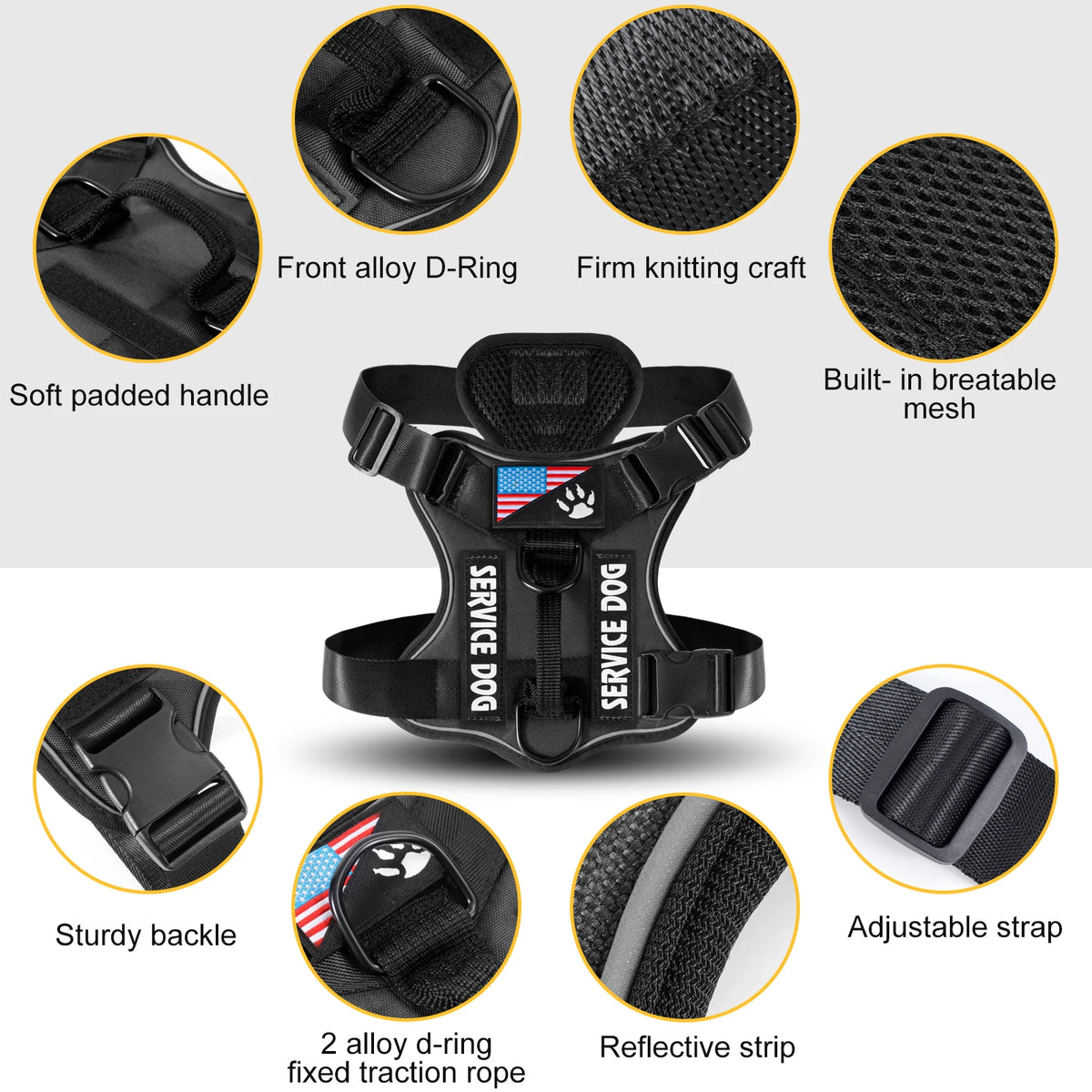 A black service dog harness showing various components including a front alloy D-ring, firm knitting craft, and adjustable st
