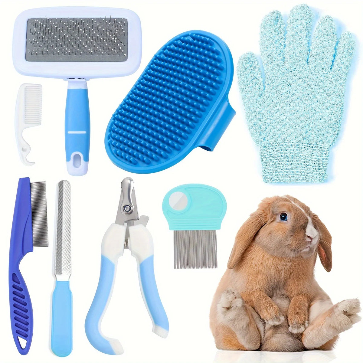 Multitooles-Pflegekit für Haustiere mit blauem Bürsten, Kamm, Nagelschere und blauem Handschuh neben einem Kaninchen