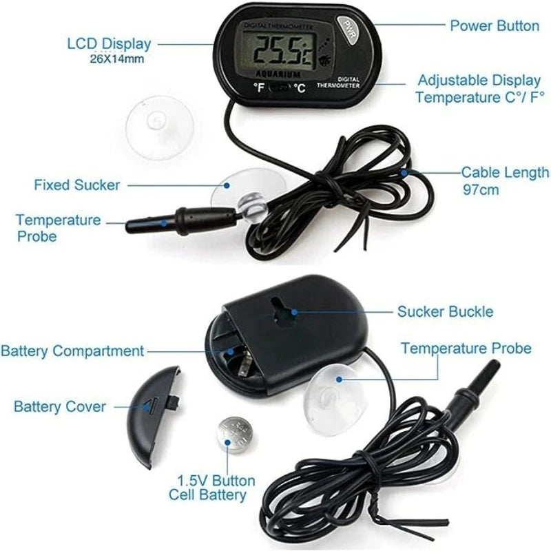 A digital thermometer probe and cable with a power button and battery compartment for measuring aquarium water temperature.