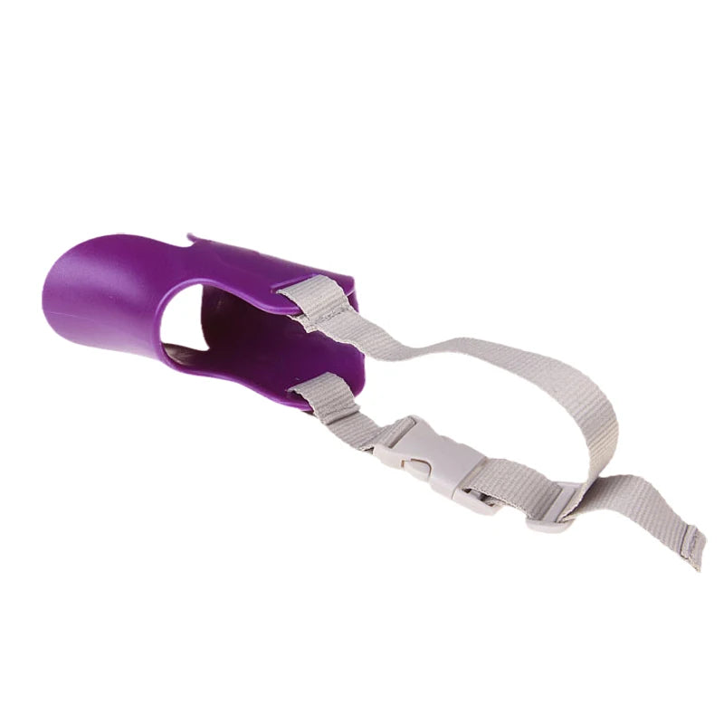 Purple quack-free training muzzle for small dogs with a strap and opening.