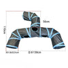 A black foldable cat play tunnel with blue accents, measuring 130cm long and 110cm high.