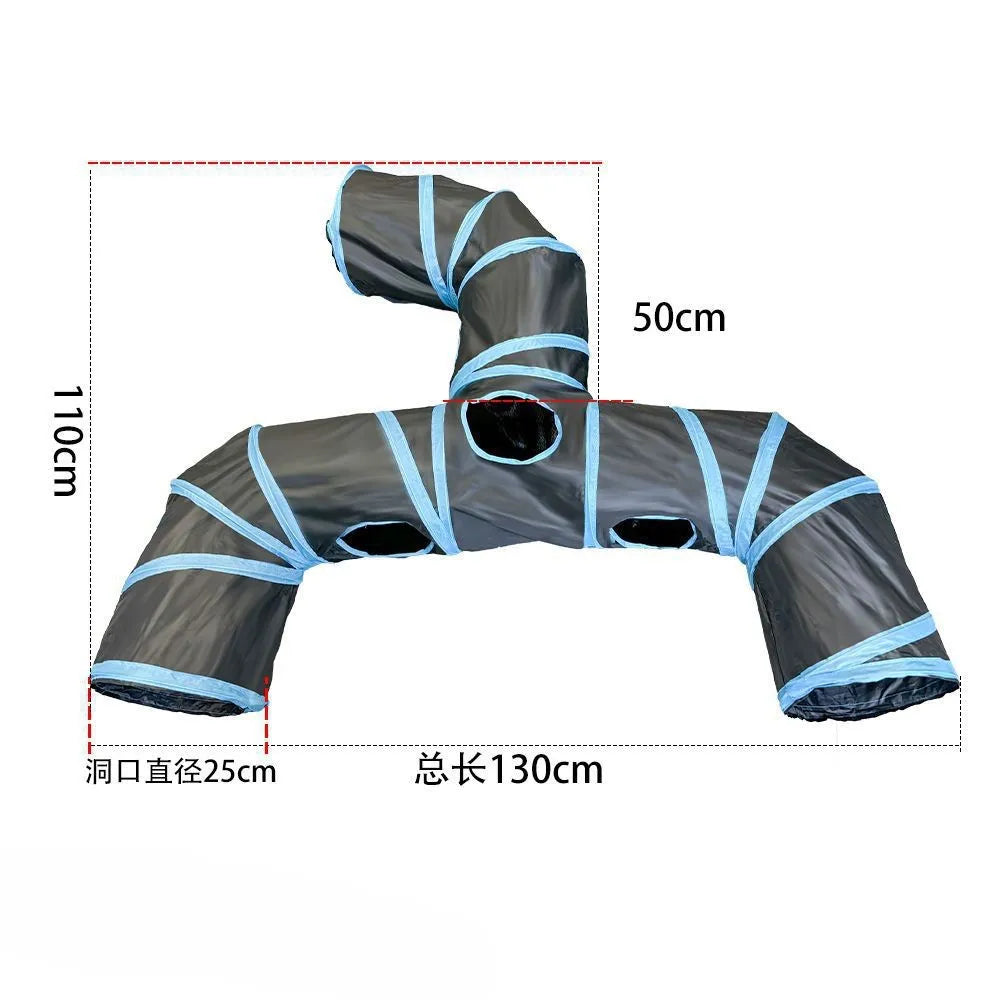 A black foldable cat play tunnel with blue accents, measuring 130cm long and 110cm high.