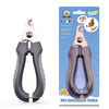 A pair of stainless steel pet nail clippers with a safety stop and built-in file shown against a blue background.