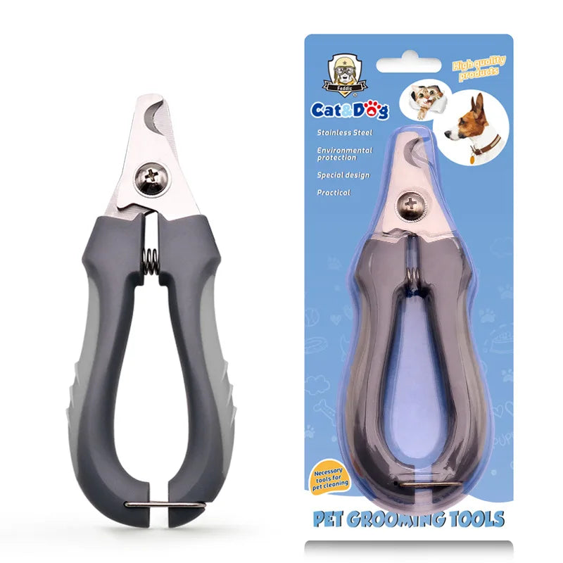 A pair of stainless steel pet nail clippers with a safety stop and built-in file shown against a blue background.