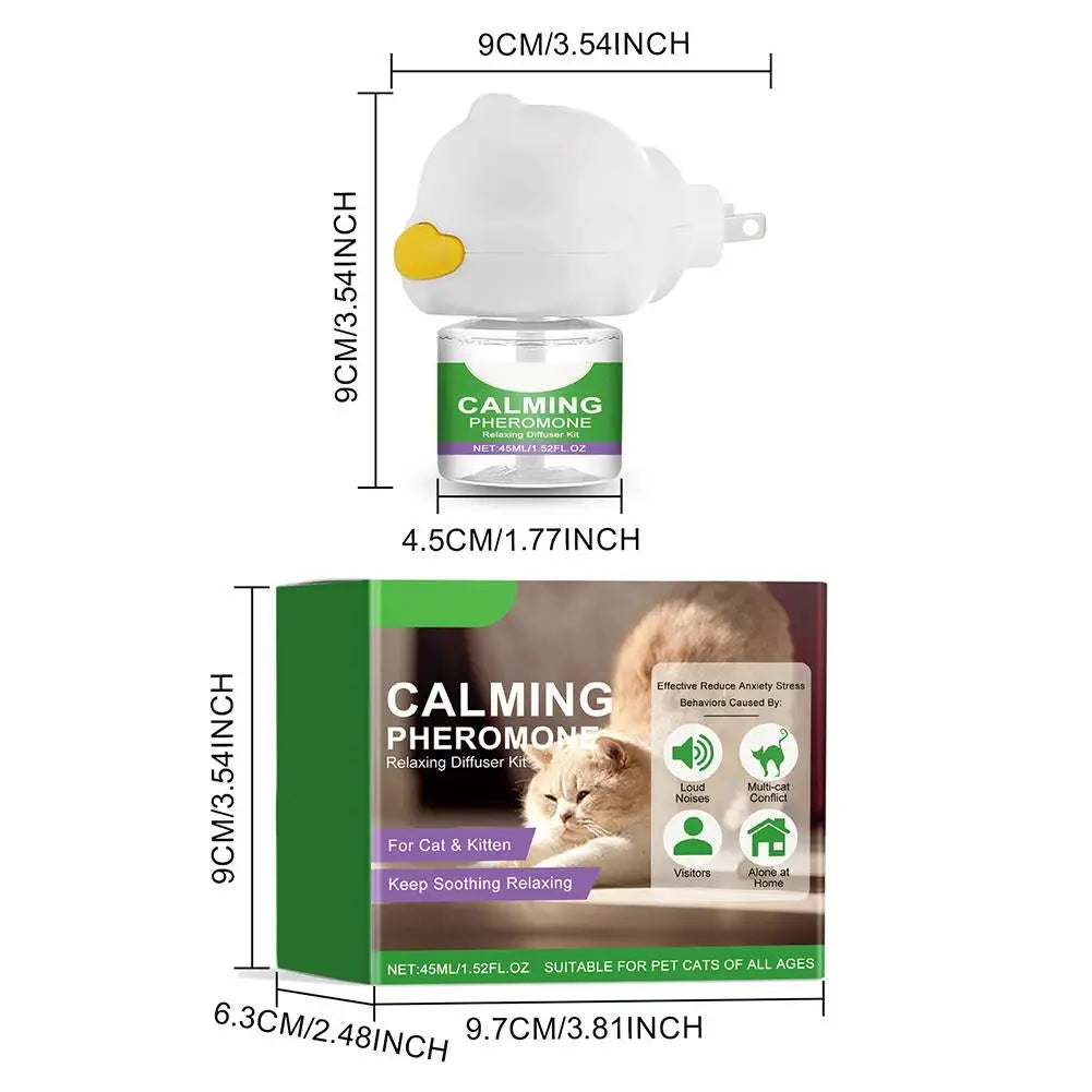 White cat calming pheromone diffuser with a green box showing usage instructions