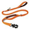 Orange reflective bungee dog leash with a black car seatbelt clip.
